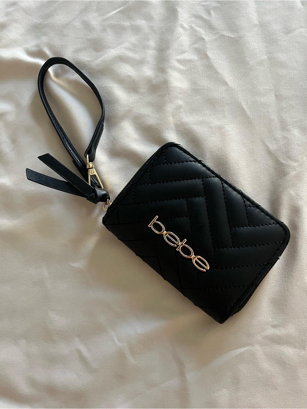 bebe Black Quilted Wristlet with Gold Logo